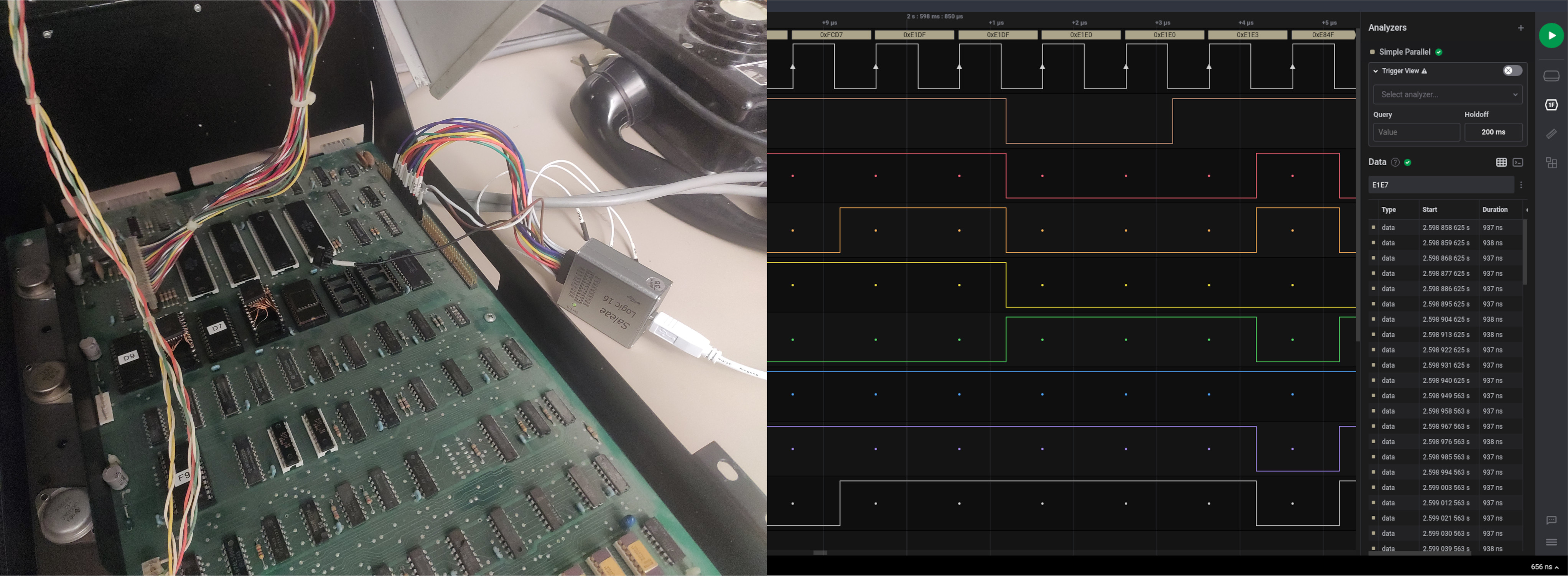 Left: A logic analyzer attached to the address bus pins and the Φ₂ system clock. Right: Screenshot of the logic analyzer software, showing the decoded m\
emory addresses at the top.