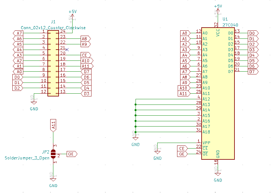 Schematic of the PLCC32 to DIP24 adapter PCB designed for using an AT27C040 ROM as a replacement for the CBM's broken ROMs.