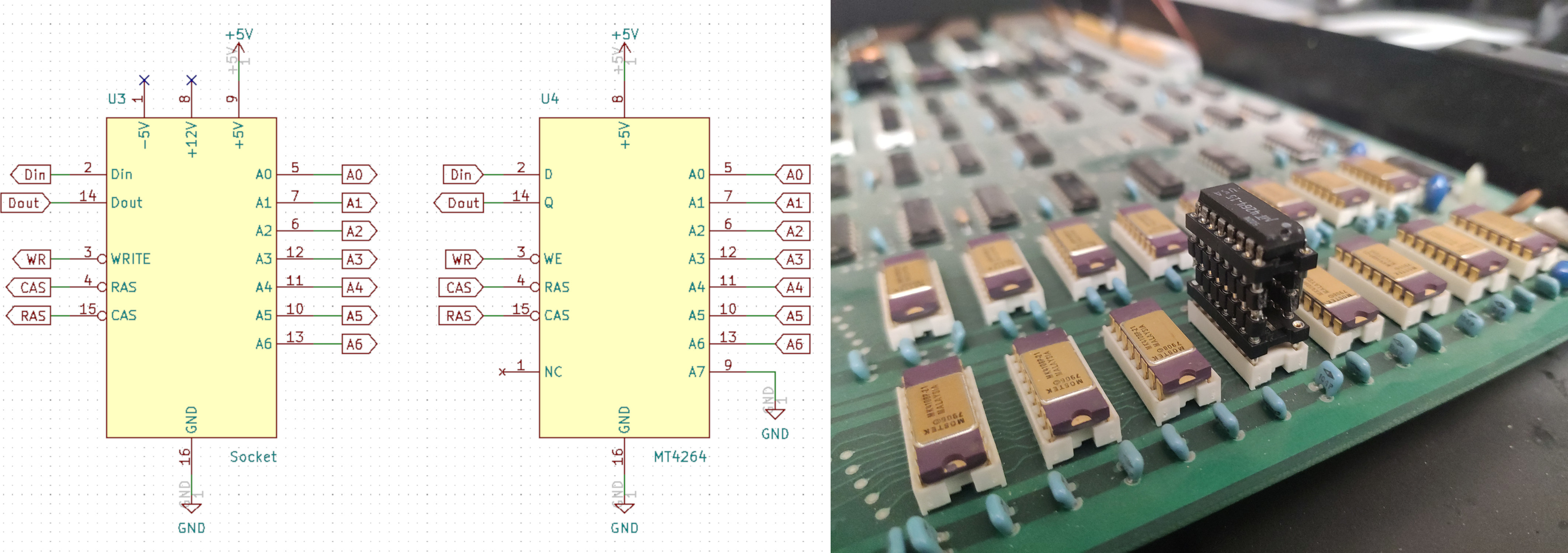 Left: The pin mapping adapter schematic for using MT4264 chips in a socket designed for MK4108/4116 DRAM. Right: The replacement memory module on its ad\
apter socket.