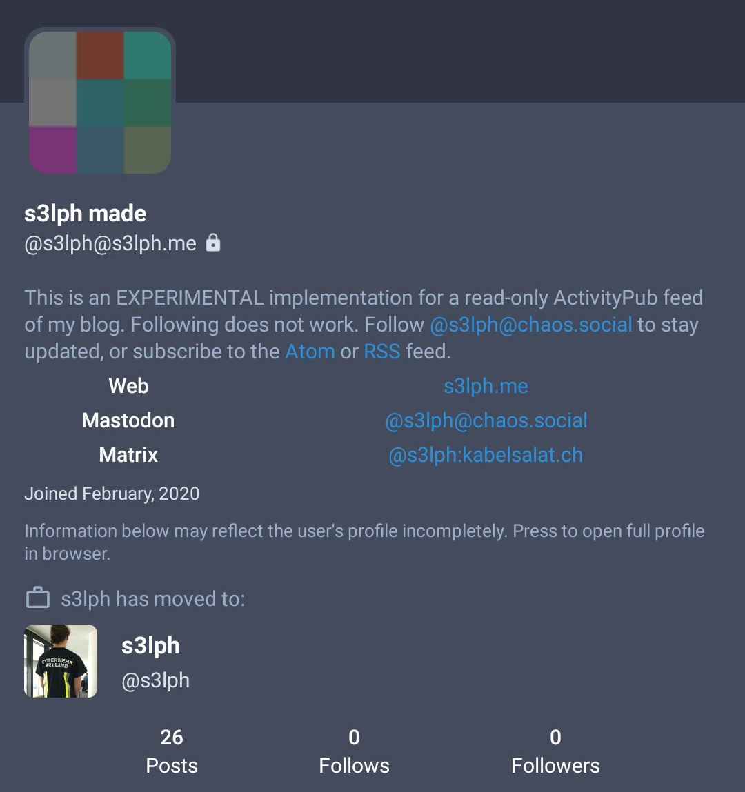 The profile of @s3lph@s3lph.me, as shown in the Mastodon app Tusky.